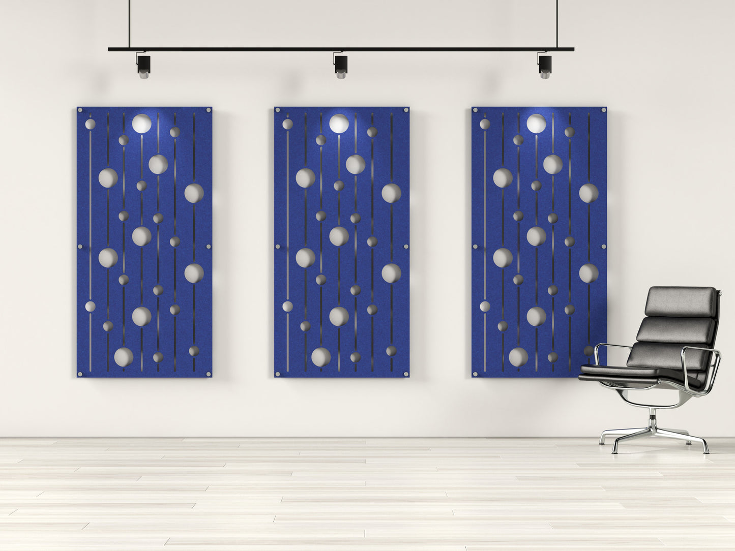 Acoustic felt wall panels with standoffs - 4x8 - Descending Circles - room view render