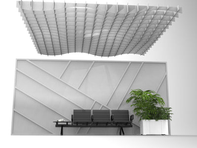 Acoustic felt ceiling clouds - grid - swell shape - room view render