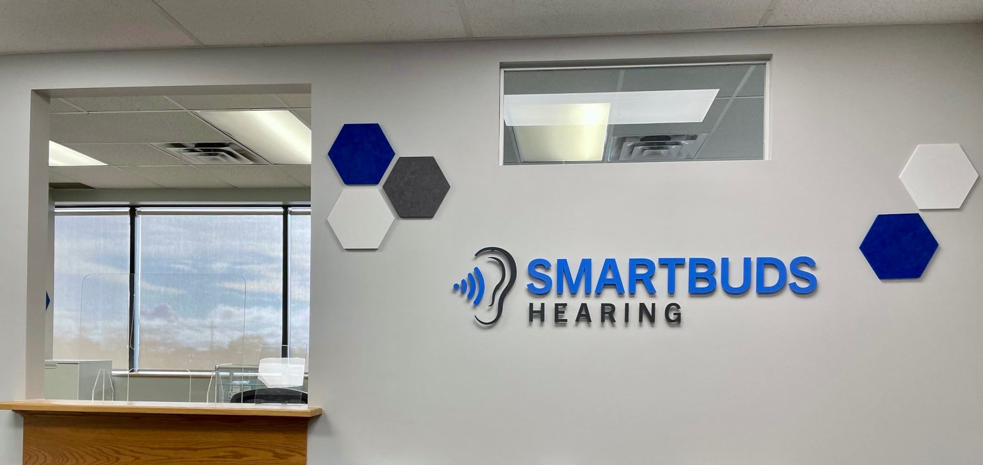 Acoustic Felt Hexagon Wall Tiles for SmartBuds Hearing Company Logo - Angle Two