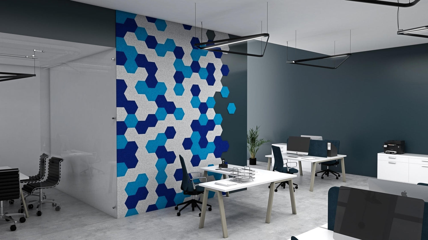 Acoustic felt wall tiles - hexagon - room view render