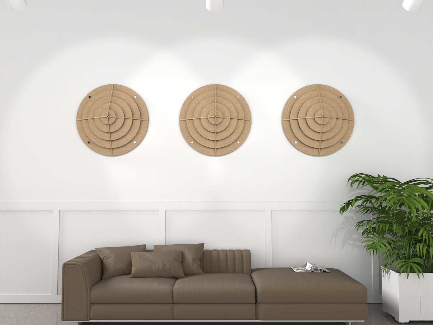 Acoustic felt 3d wall panels - circle diffuser - room view render