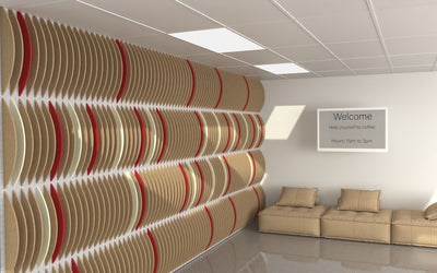Acoustic felt 3d wall panels - crescent wall 9'x4' - taupe/red/pearl - room view render