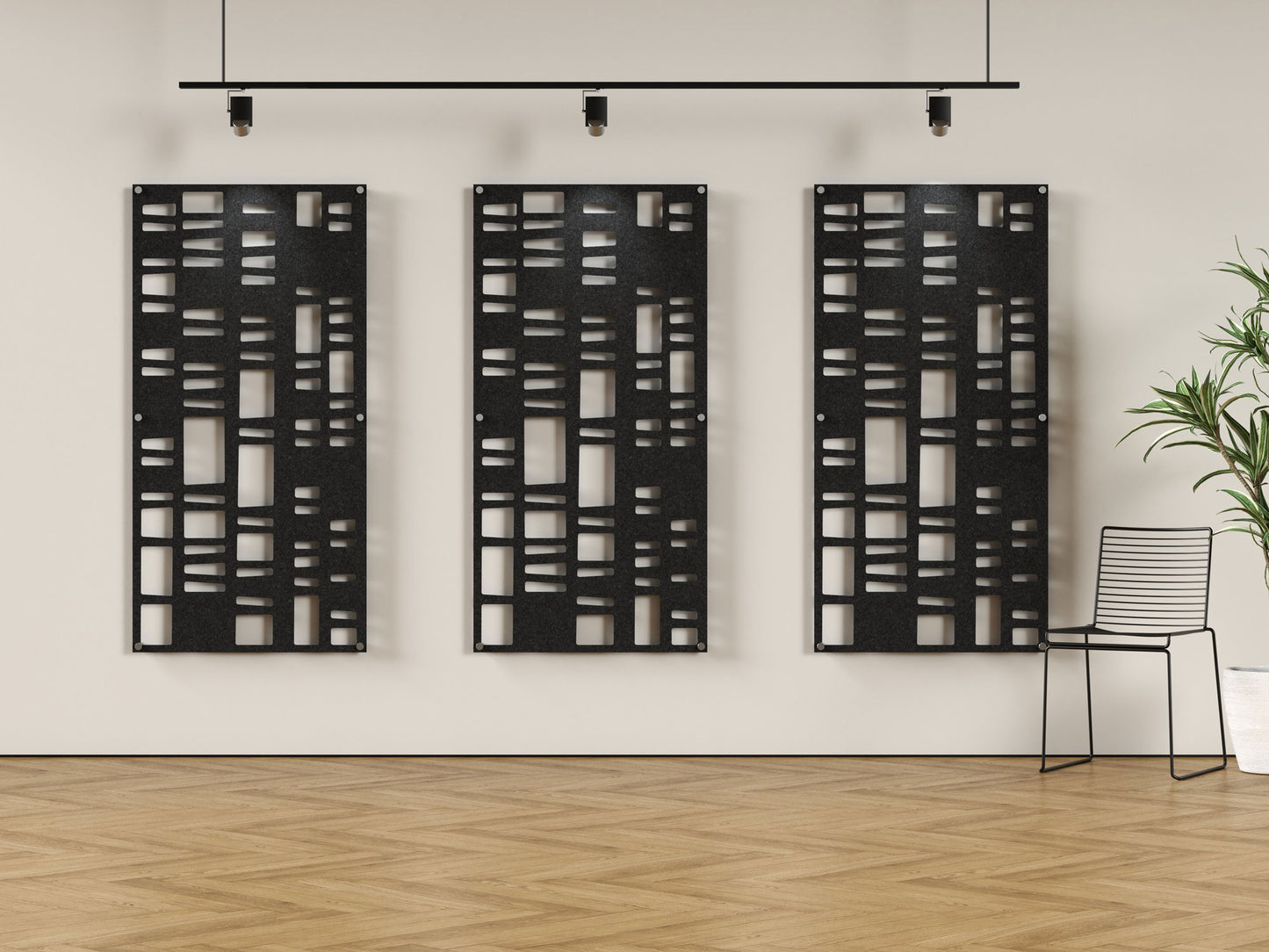 Acoustic felt wall panels with standoffs - 4x8 - Abandoned Fence - room view render