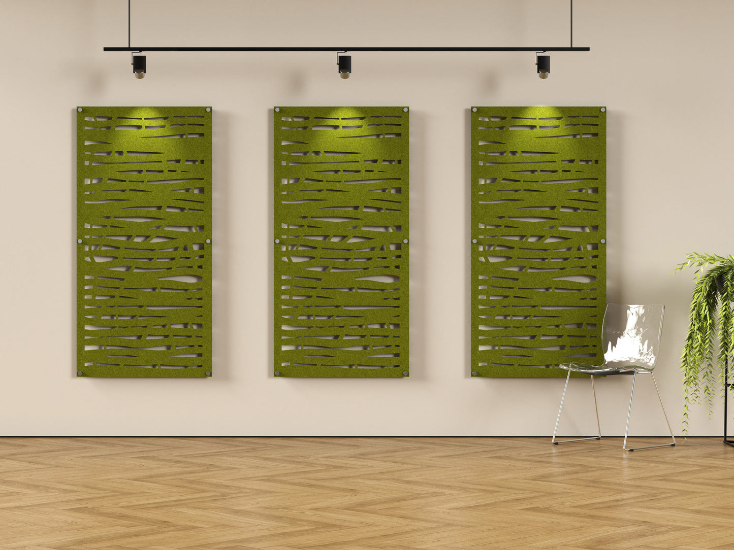 Acoustic felt wall panels with standoffs - 4x8 - Overgrowth - room view render