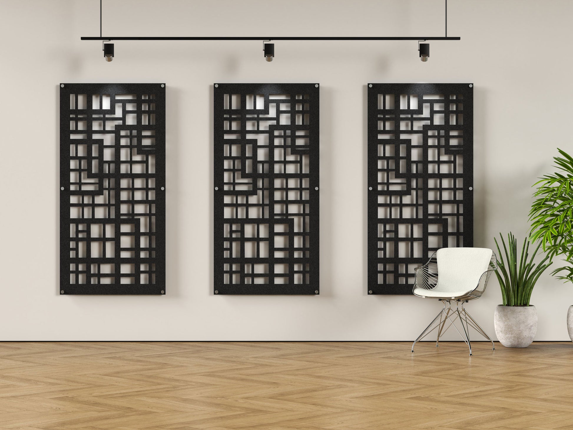 Acoustic felt wall panels with standoffs - 4x8 - Square Pipes - room view render