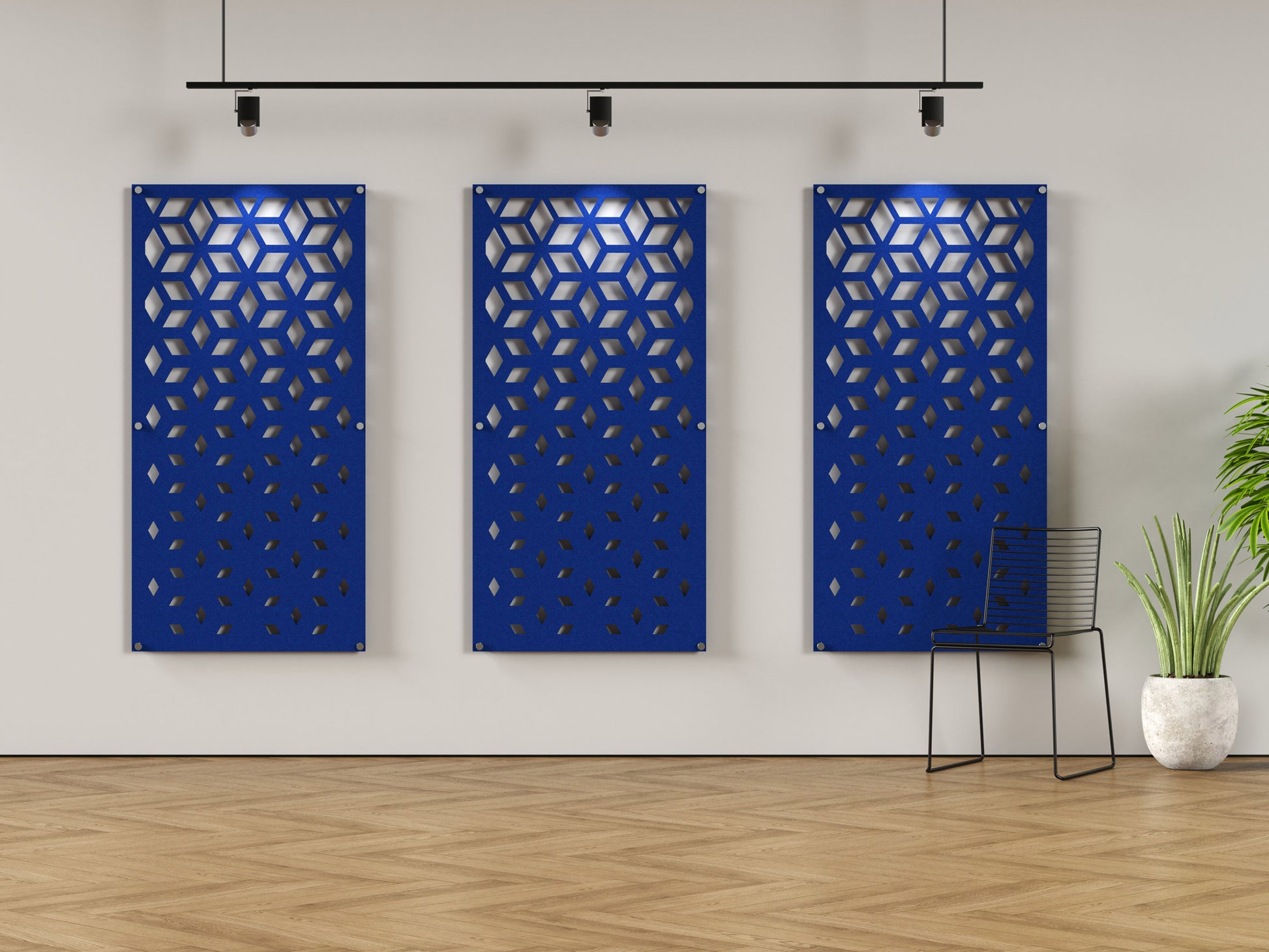 Acoustic felt wall panels with standoffs - 4x8 - Trapezoids - room view render