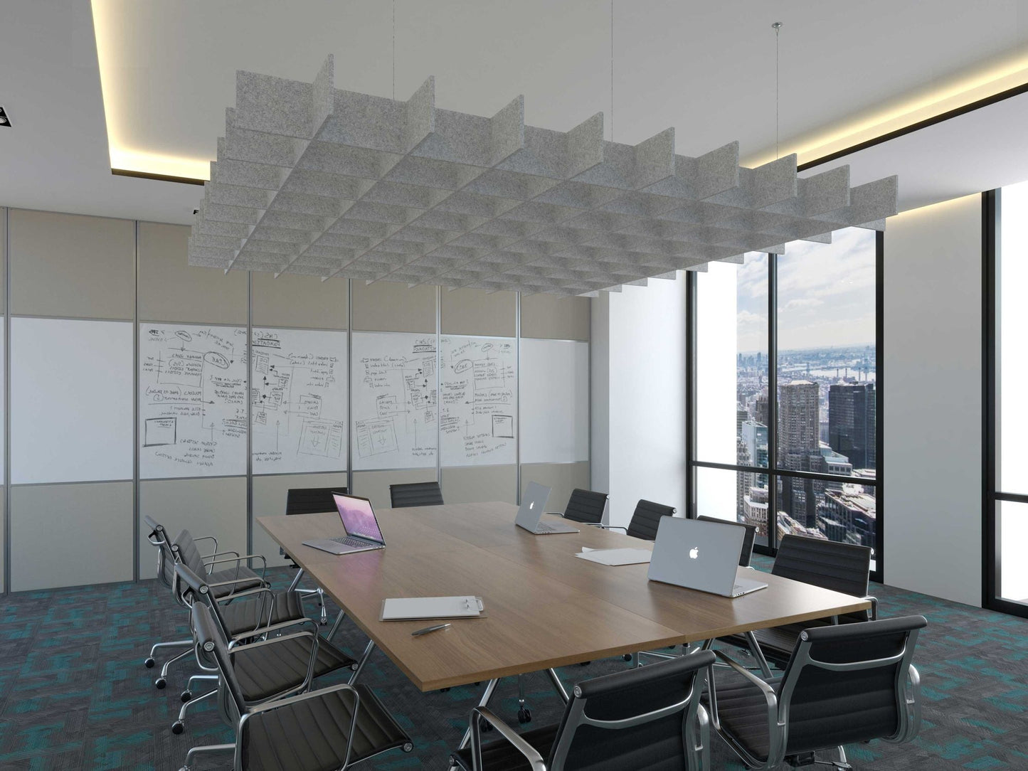 Acoustic felt ceiling clouds - grid 6" high - rectangle shape - room view render