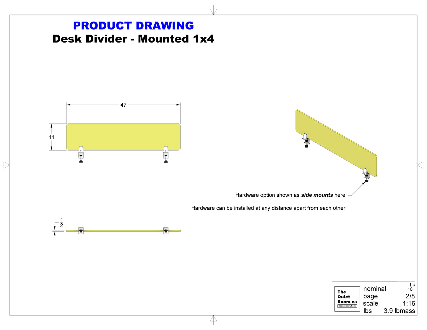Acoustic Desk Divider - Mounted 1x4