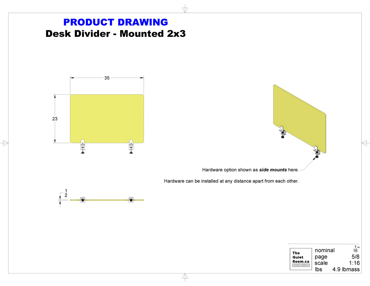 Acoustic Desk Divider - Mounted 2x3
